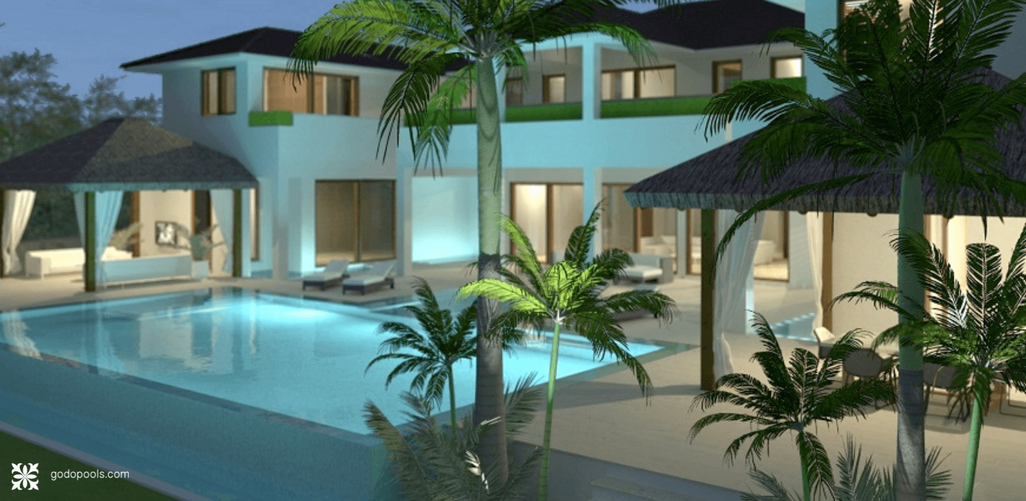 Diseño 3D de GodoPools. Piscina con revestimiento blanco y desbordante perimetral. Guadalmina (Marbella)