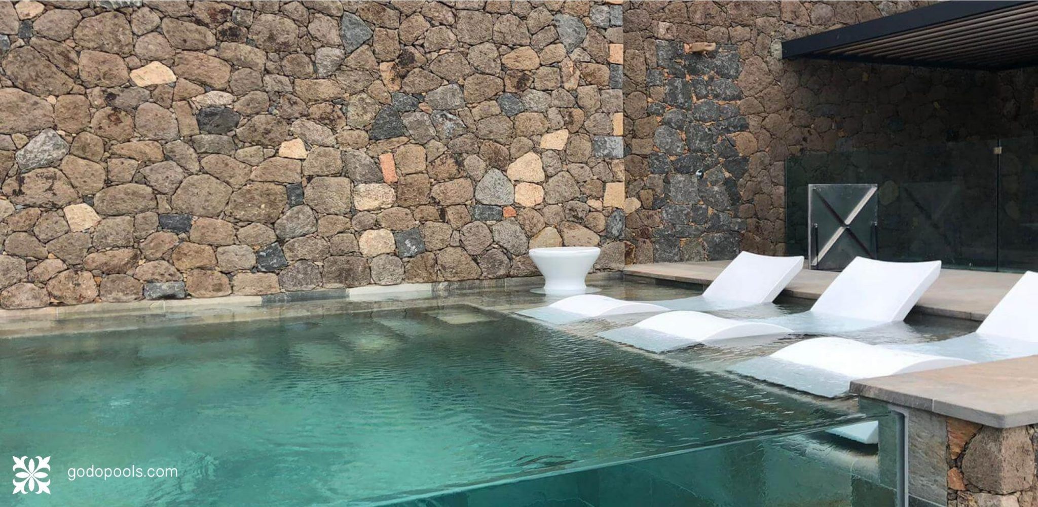 Platforms for pools. Pool Loungers on the platform.