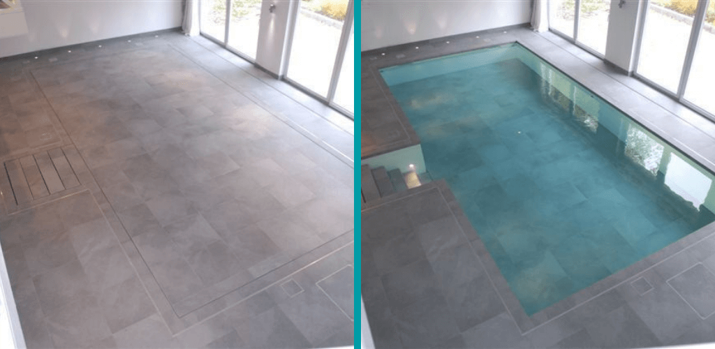 Pool with movable floor and hydraulic pillars 