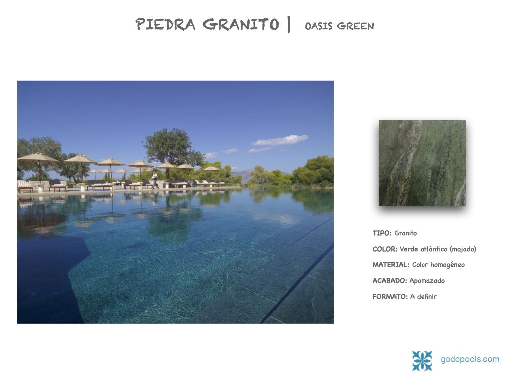 Revestimiento de Piedra Natural para Piscinas. Piedra Granito tono Oasis Green