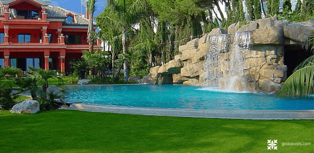 Marbella Club project by GodoPools with themed rock waterfall and spa inside