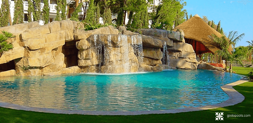 GodoPools Marbella Club project with themed rock waterfall