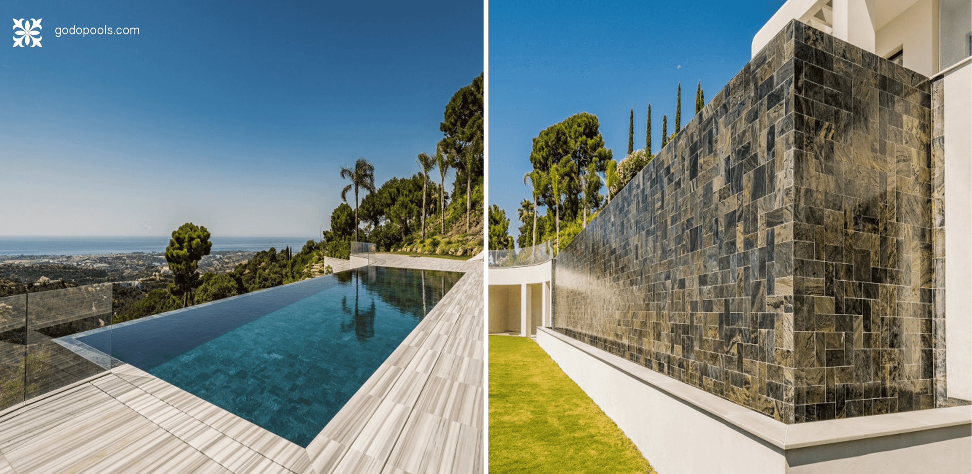 Proyecto Mármara de GodoPools el el que la piscina infinita desborda sobre el piso inferior mediante una pared de piedra natural.